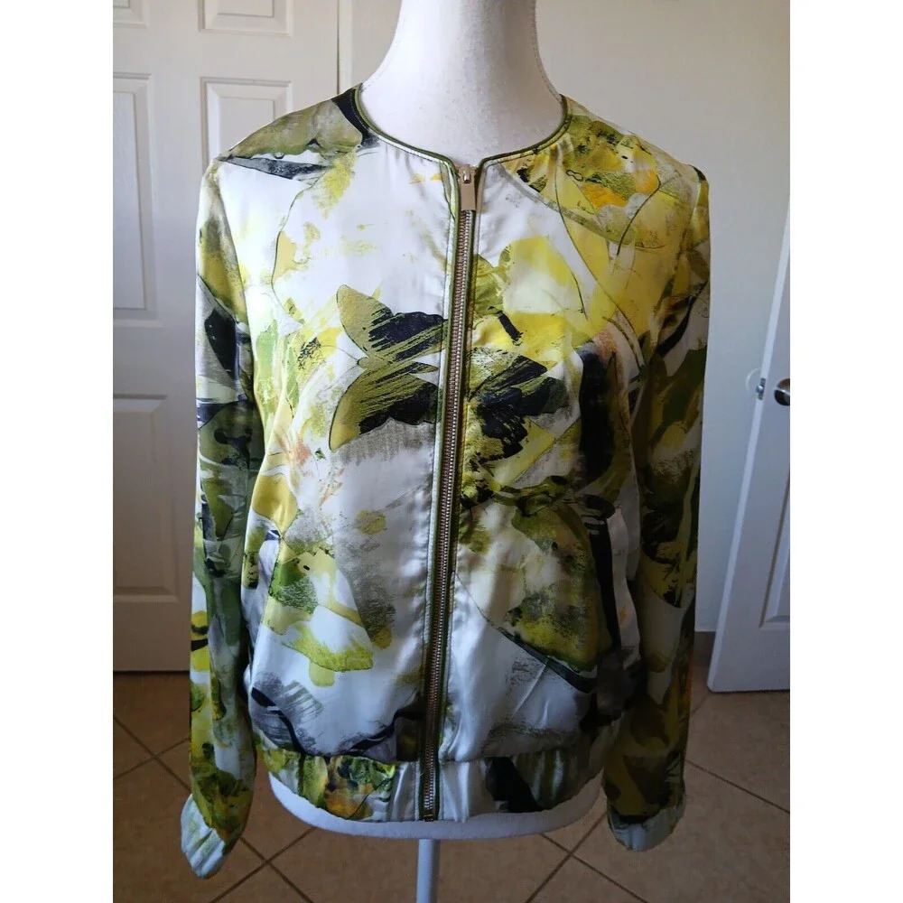 Conrad C Collection Womens Jacket‎ Size 8  Green Floral Print shiny Full Zip